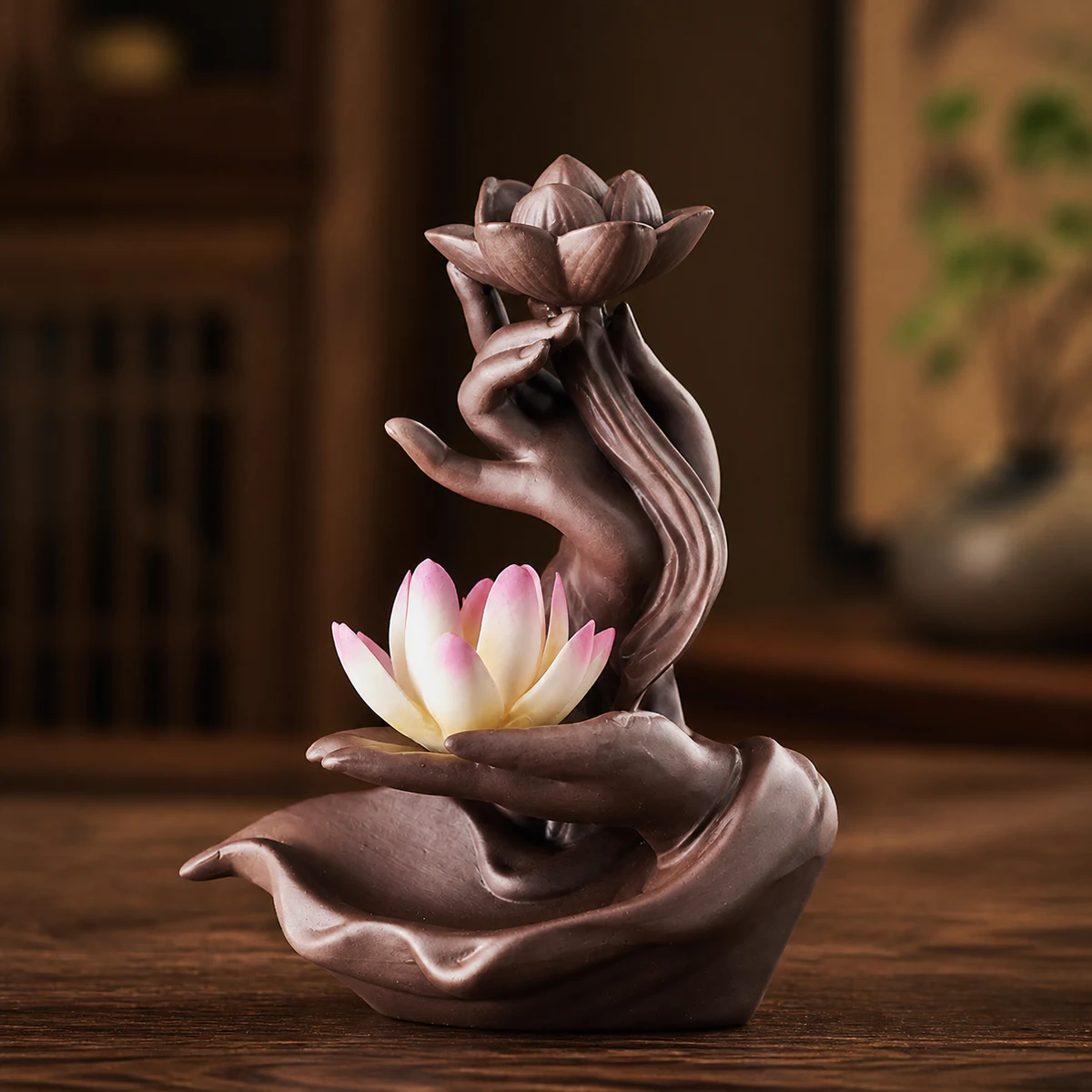 Lotus Hand Waterfall Incense Burner - Clay Color Lotus
