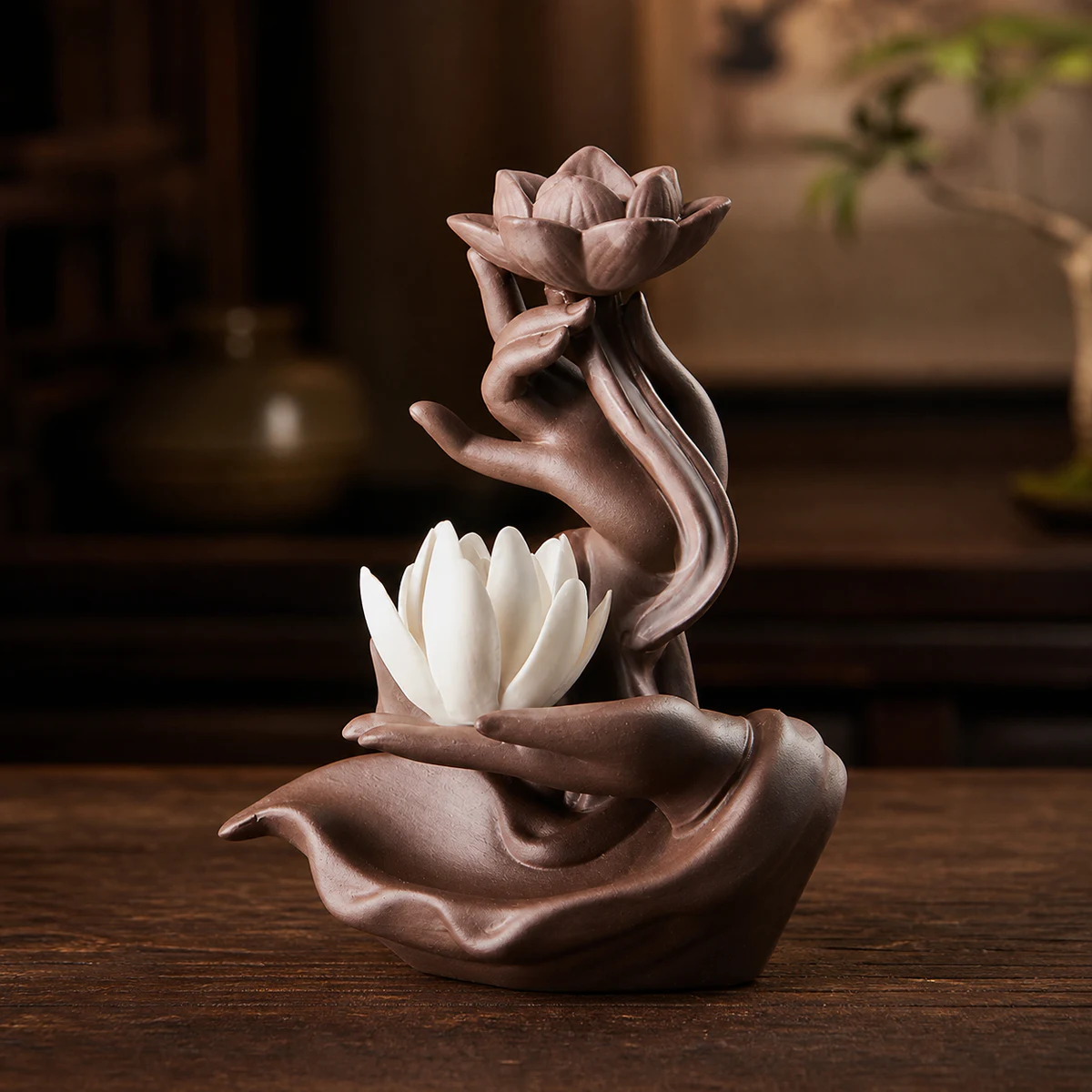 Lotus Hand Waterfall Incense Burner - Clay White Lotus