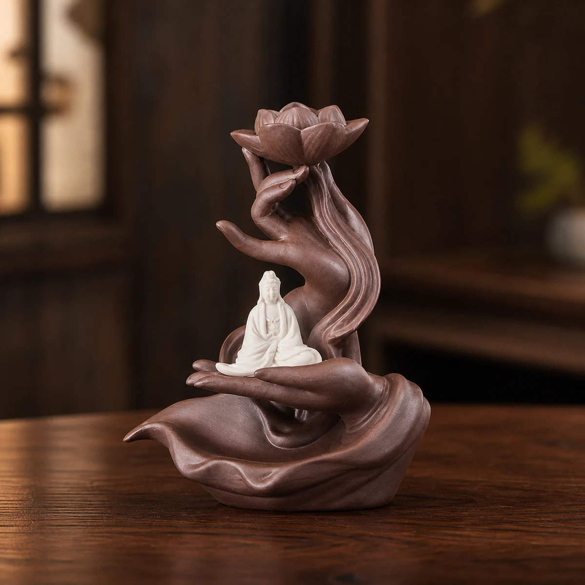 Lotus Hand Waterfall Incense Burner - Clay Guanyin