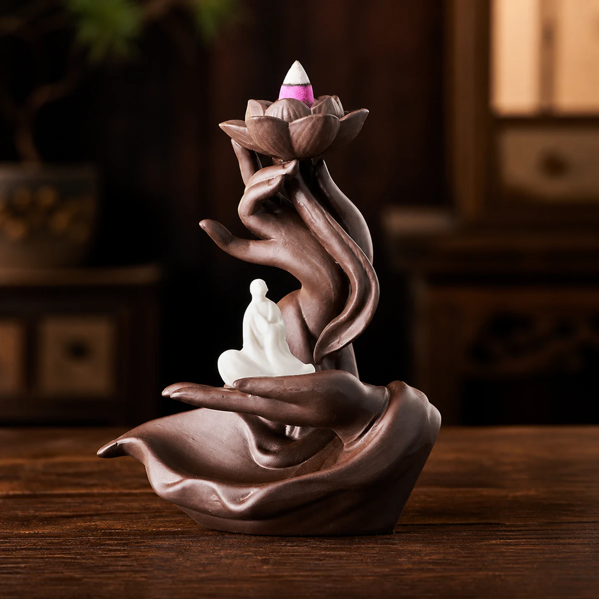 Lotus Hand Waterfall Incense Burner - Clay Meditation