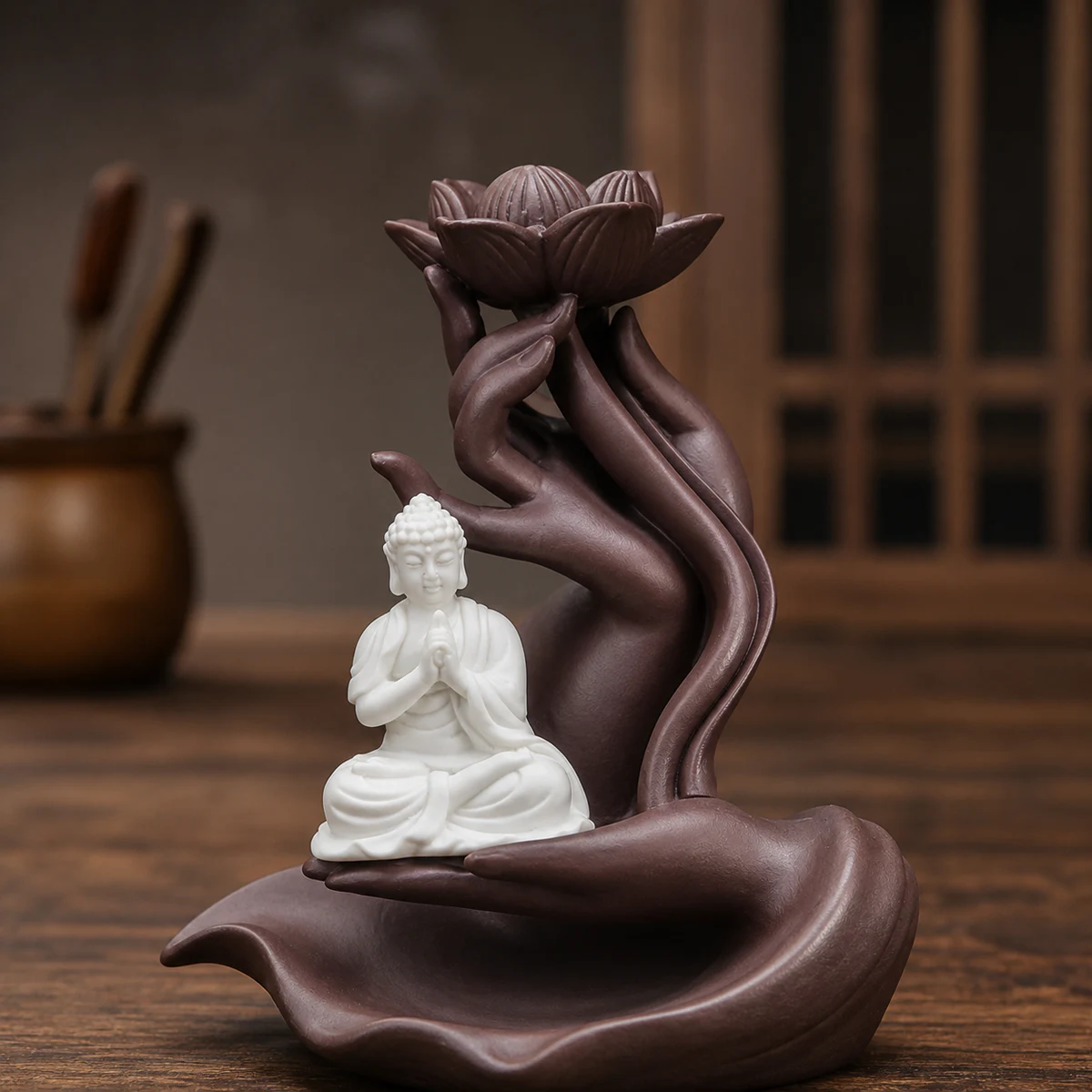 Lotus Hand Waterfall Incense Burner - Clay Seated Buddha