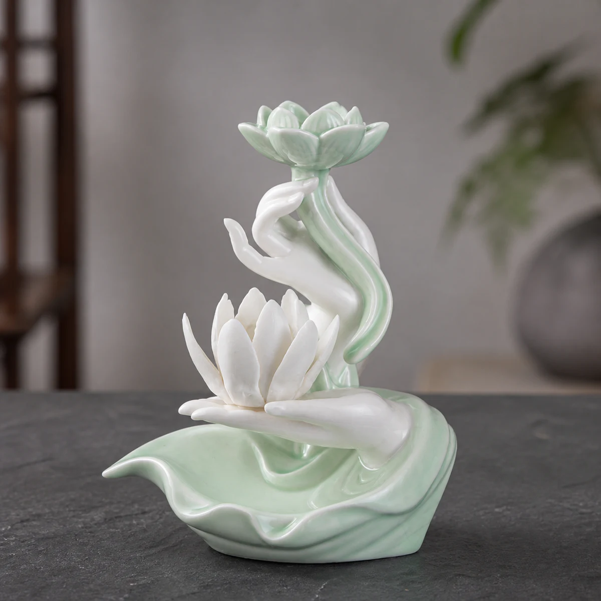 Lotus Hand Waterfall Incense Burner - Celadon White Lotus