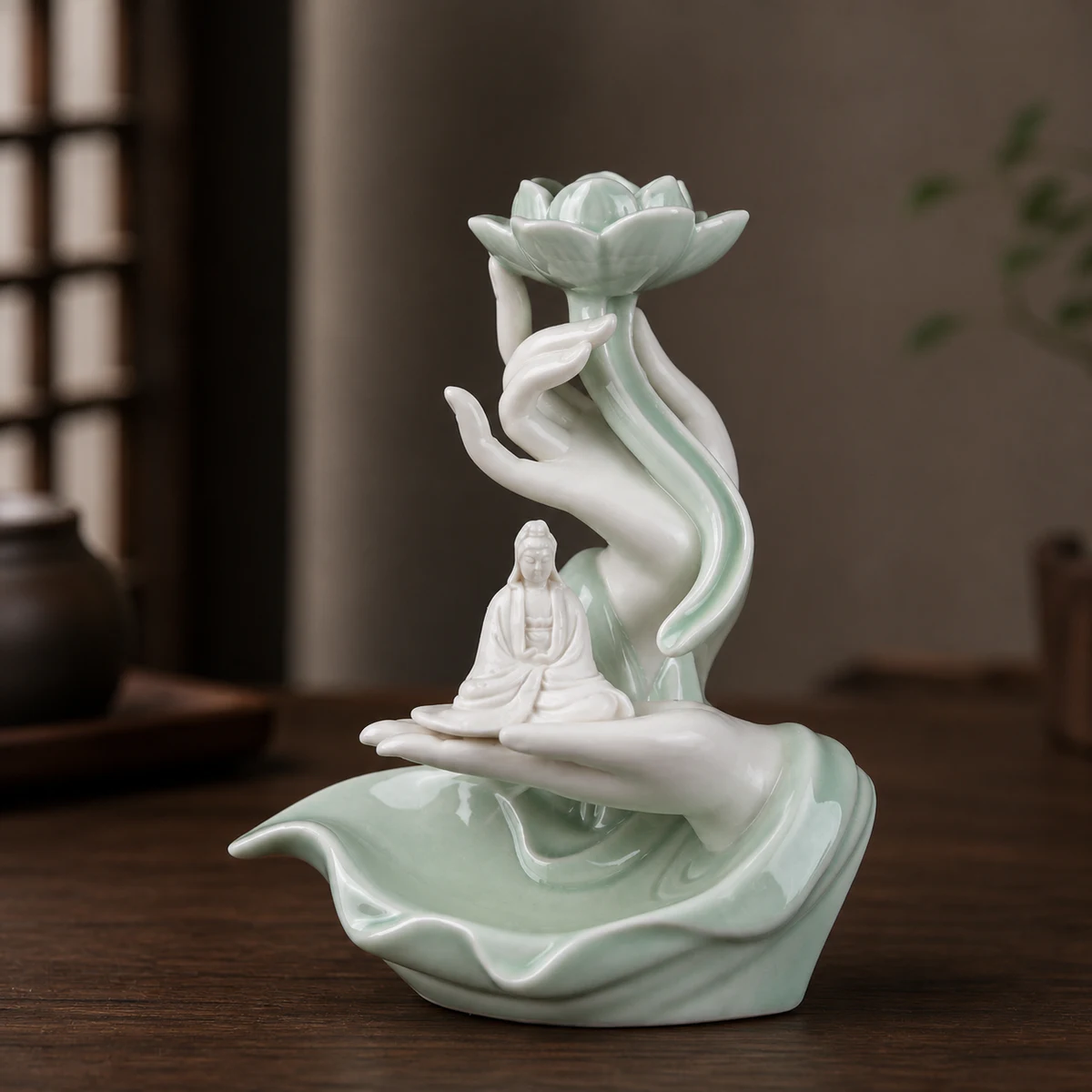 Lotus Hand Waterfall Incense Burner - Celadon Guanyin