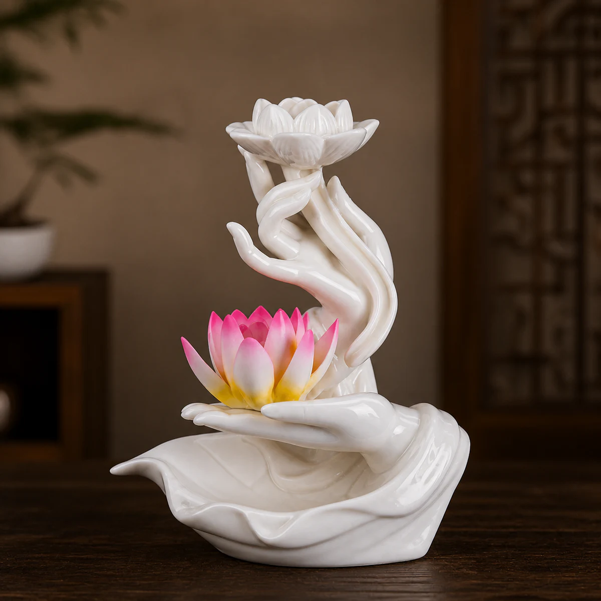 Lotus Hand Waterfall Incense Burner - White Porcelain Color Lotus