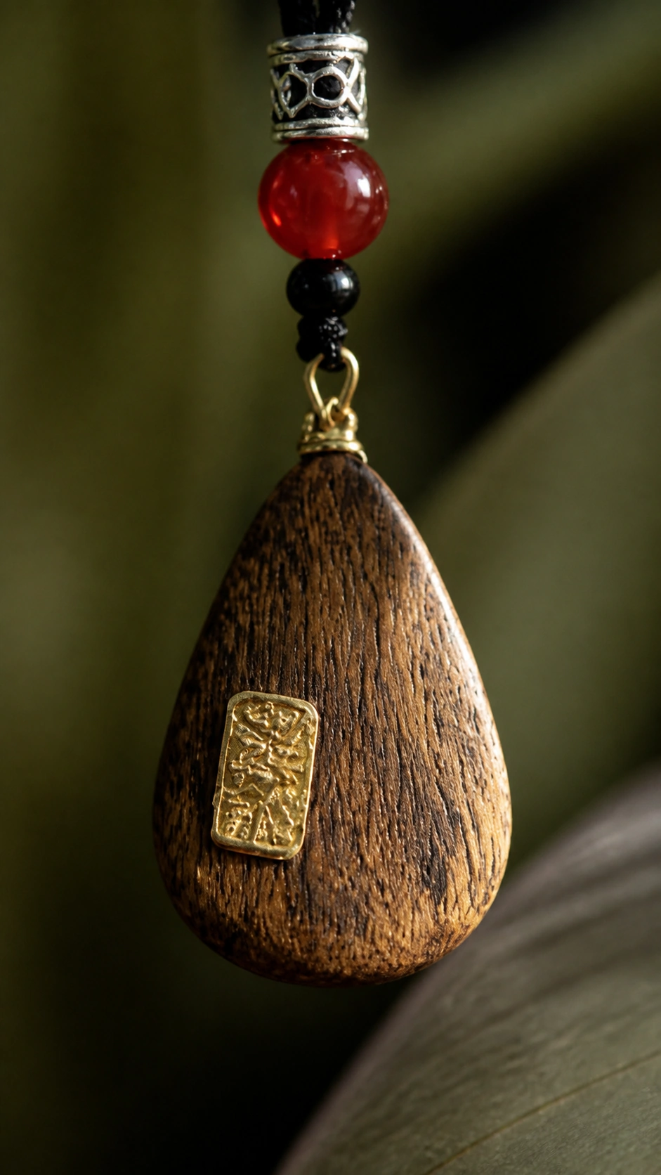 Phu Quoc Agarwood Pendant product view showing materials, bead shape, texture and design details, wood grain and material detail