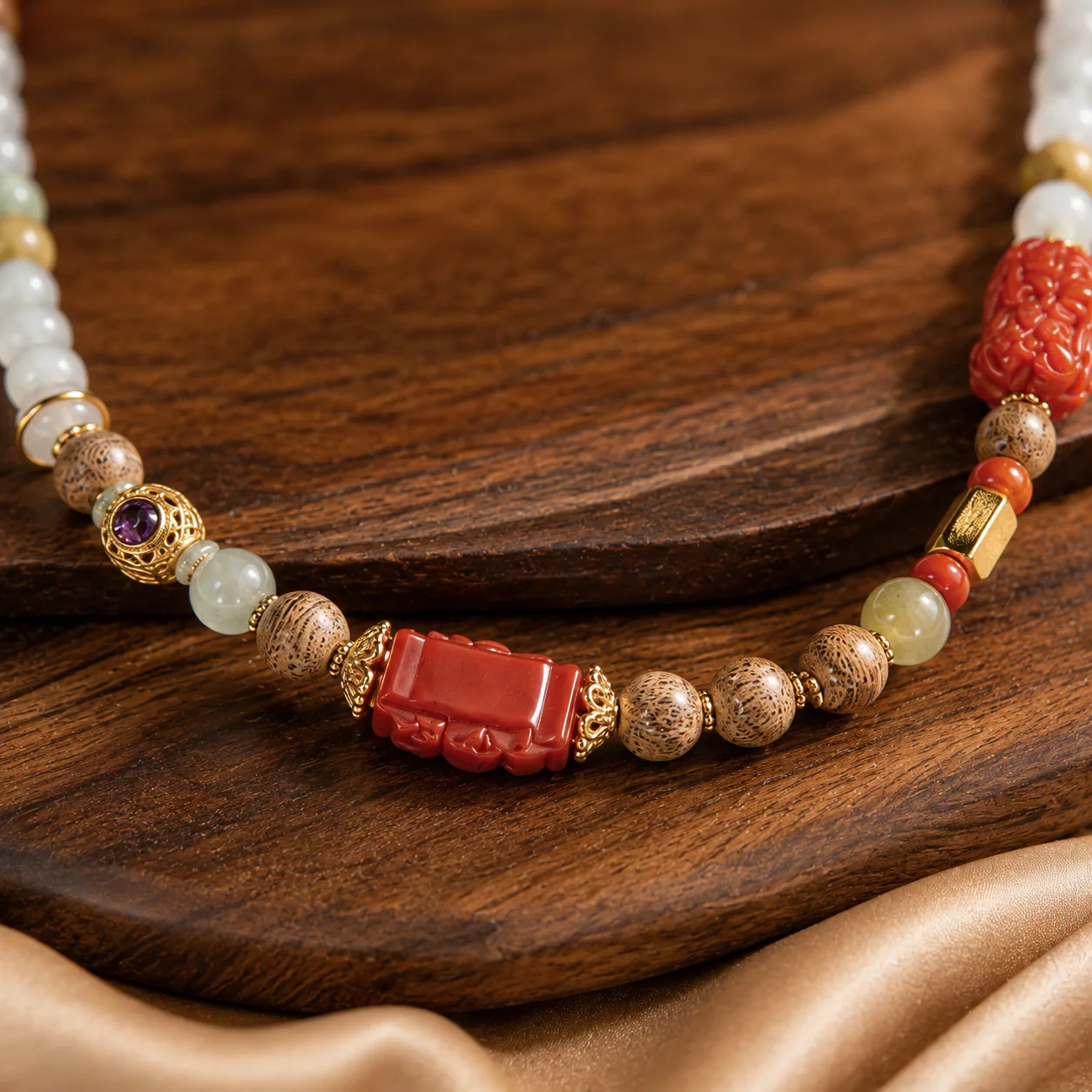 Red carved pendant and bead detail
