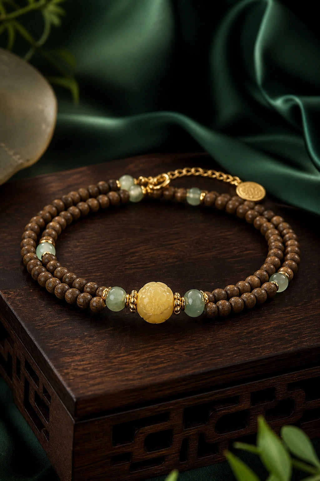 Green Agarwood and Jade Pendant Necklace, 4mm - image 3