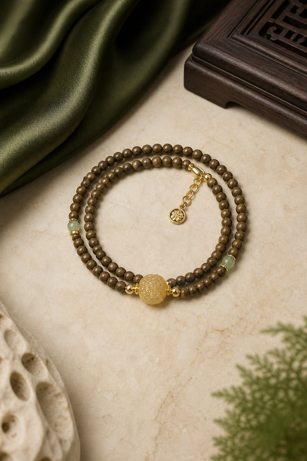 Green Agarwood and Jade Pendant Necklace, 4mm - image 4