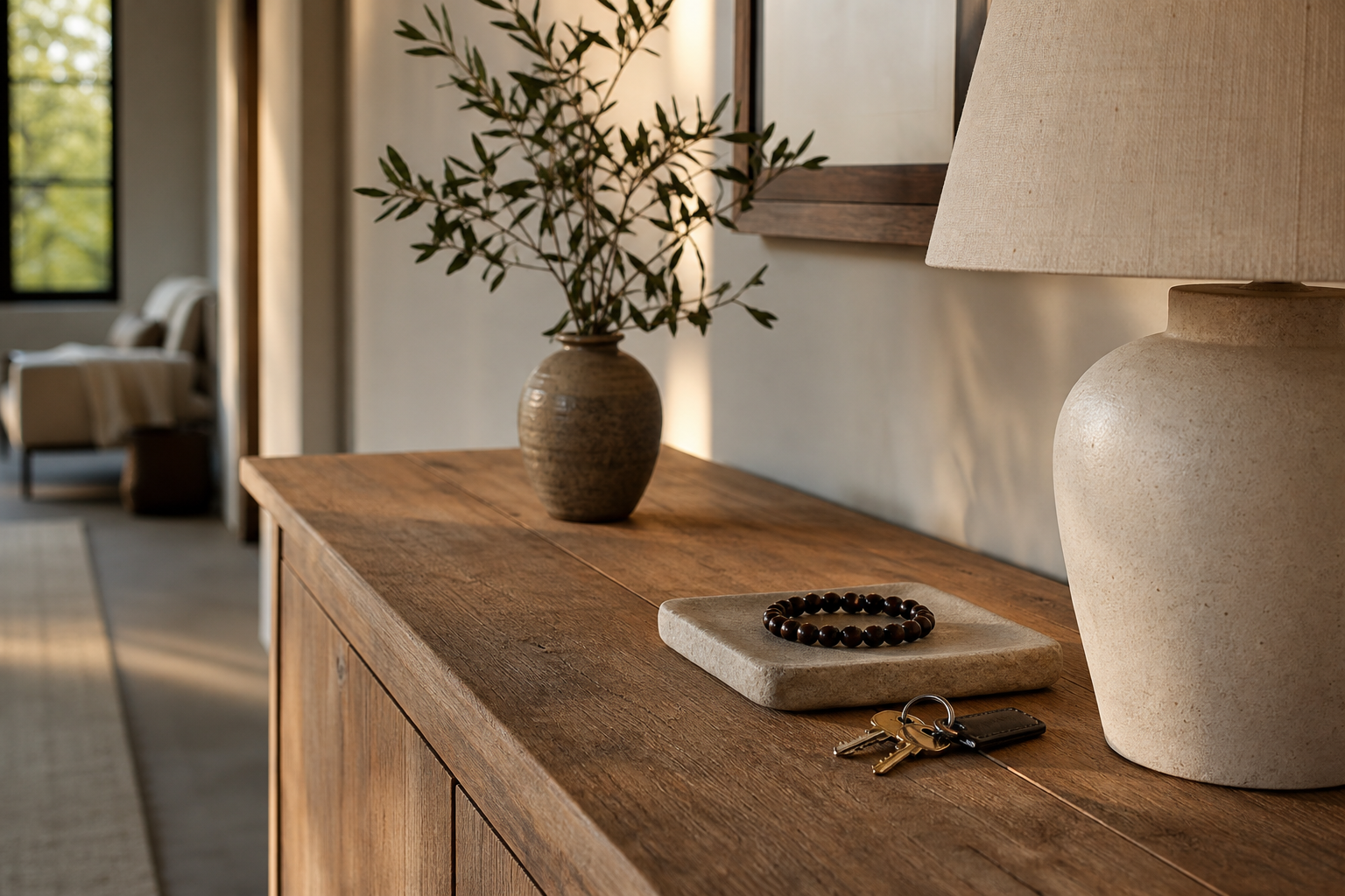 A dark wooden bead bracelet on a stone tray with house keys on a warm entryway console.
