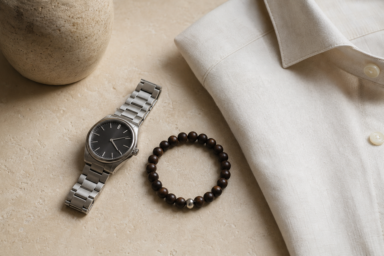A dark wooden bead bracelet styled beside a stainless steel watch and ivory cotton shirt on stone.