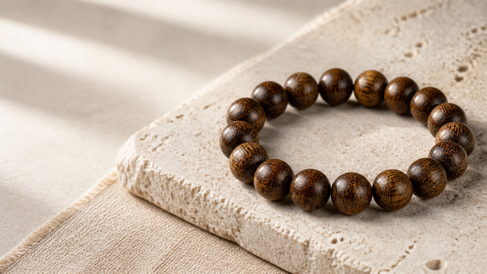 Round 10mm Dalagan agarwood bracelet with visible wood grain on pale limestone