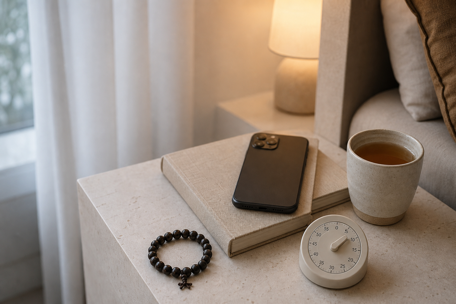 A dark wooden bead bracelet, a closed phone, and a ceramic tea cup beside an open book in soft evening light.