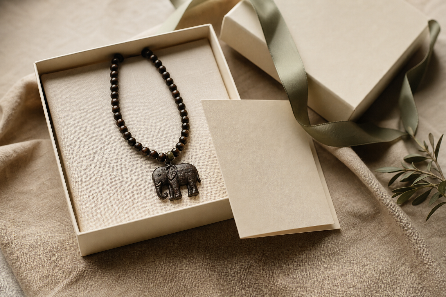 A dark beaded elephant pendant necklace in a cream gift box with a sage ribbon and blank card.