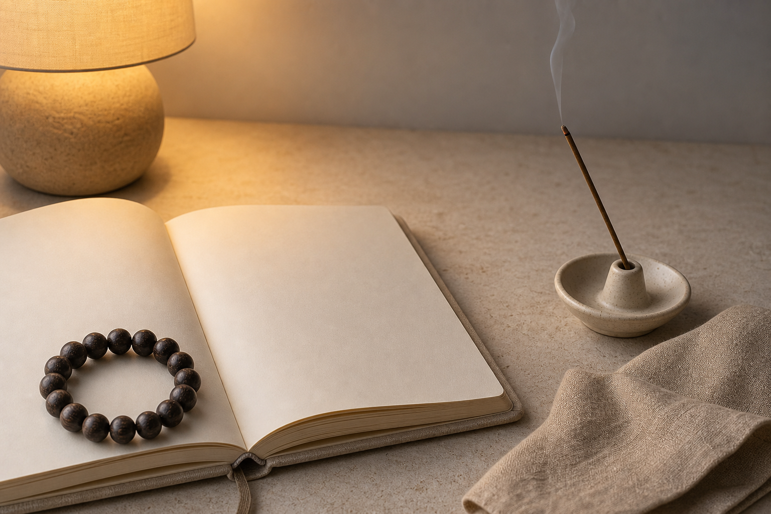 A quiet evening ritual with incense, a journal, warm light, and a dark wooden bead bracelet.