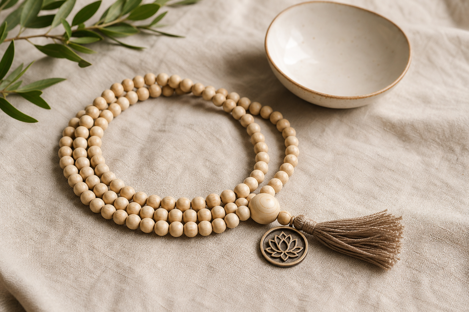 A light wooden 108-bead mala with a larger marker bead, lotus pendant, and tassel on warm linen.