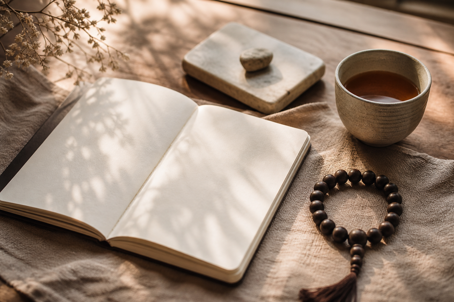 A dark wooden bead bracelet beside an open lined journal, ceramic cup, and stone tray in warm afternoon light.