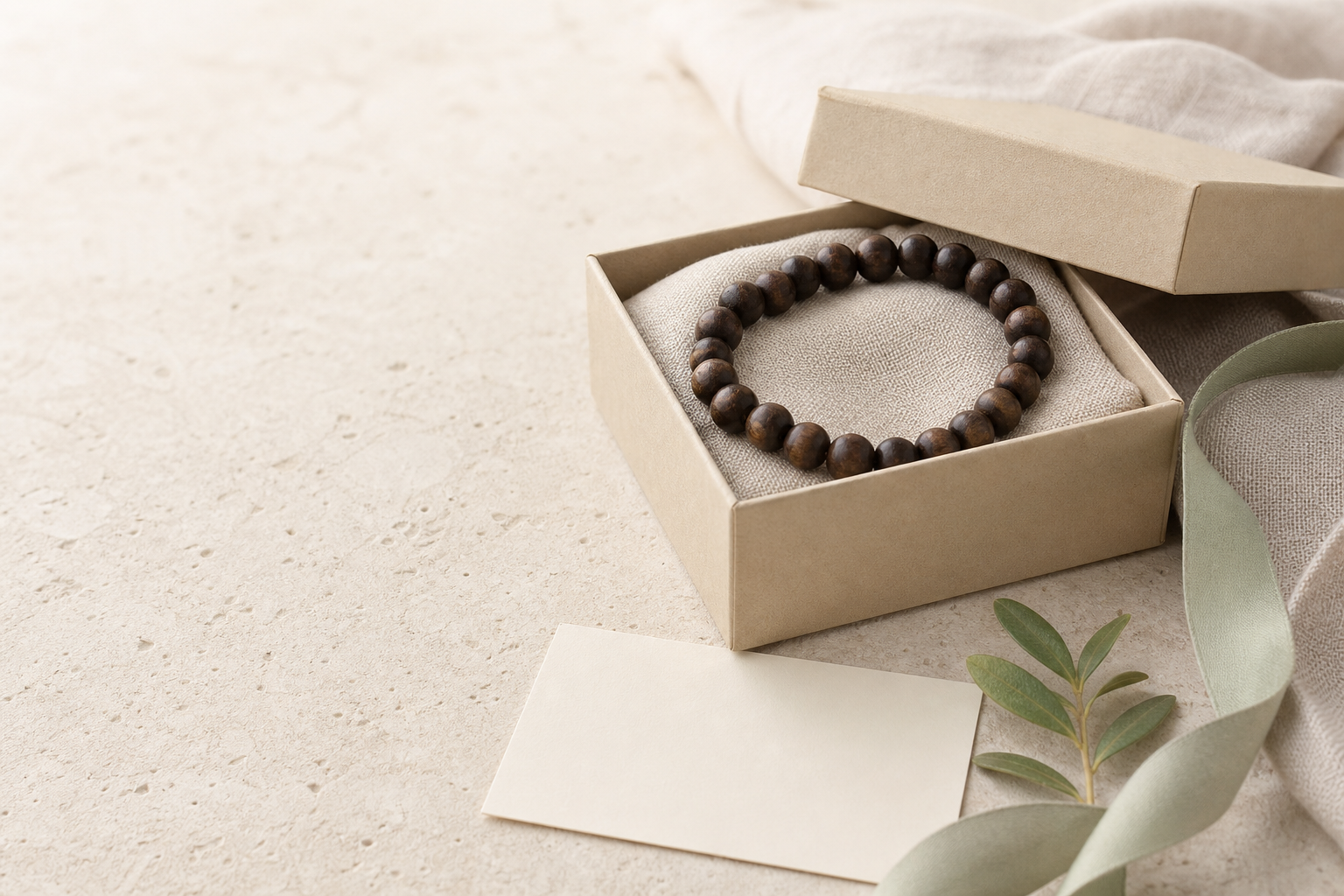 A dark wooden bead bracelet presented in a cream gift box with a blank note card and muted sage ribbon.