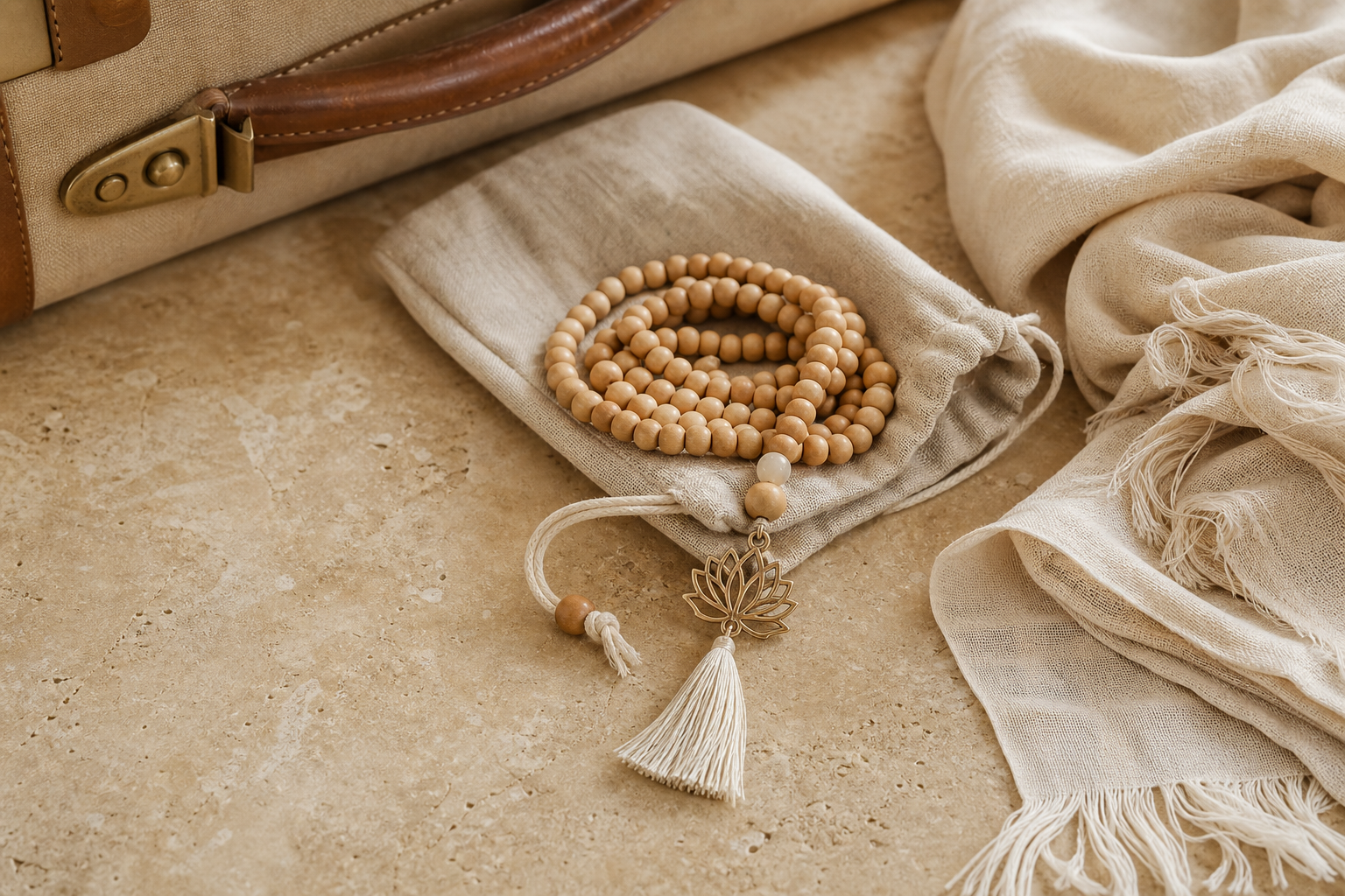 A light wooden mala necklace with a lotus pendant resting in a linen travel pouch on warm stone.
