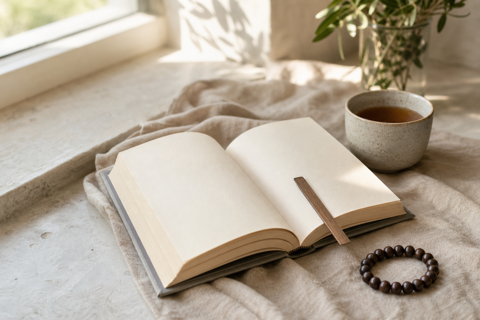 A dark wooden bead bracelet beside an open book, ceramic tea cup, and wooden bookmark in window light.
