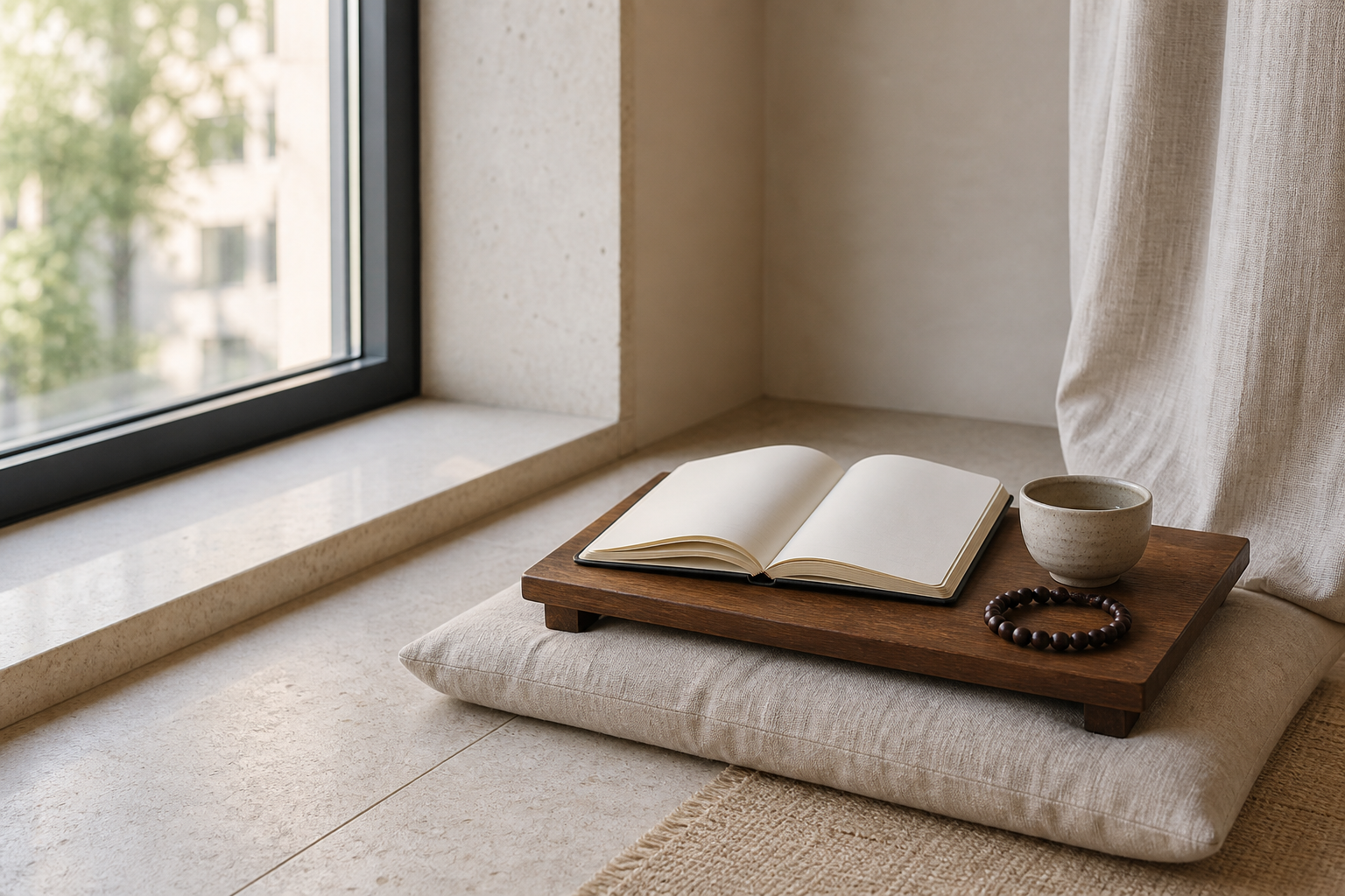 A compact meditation corner with a floor cushion, a wooden bead bracelet, a ceramic incense holder, and a small lamp.