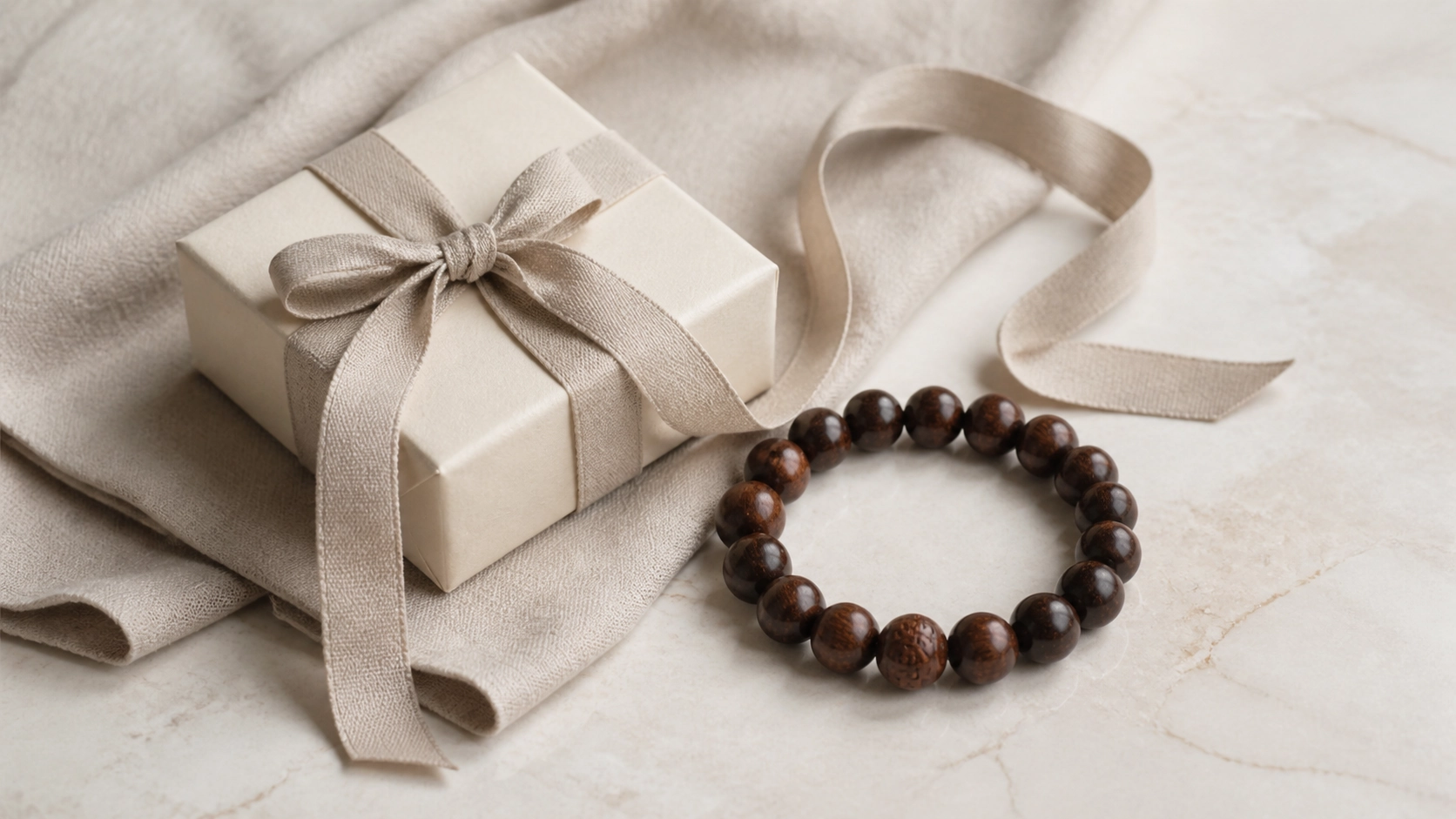 Dark wood bead bracelet beside a ribbon-wrapped ivory gift box on linen.
