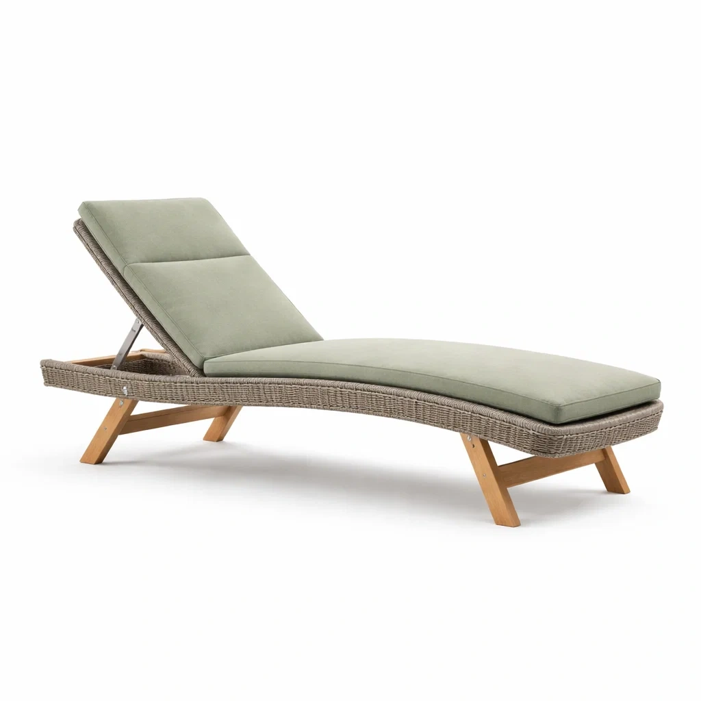 Chaise longue d'extérieur en rotin avec coussins verts-PLUSHSEATS