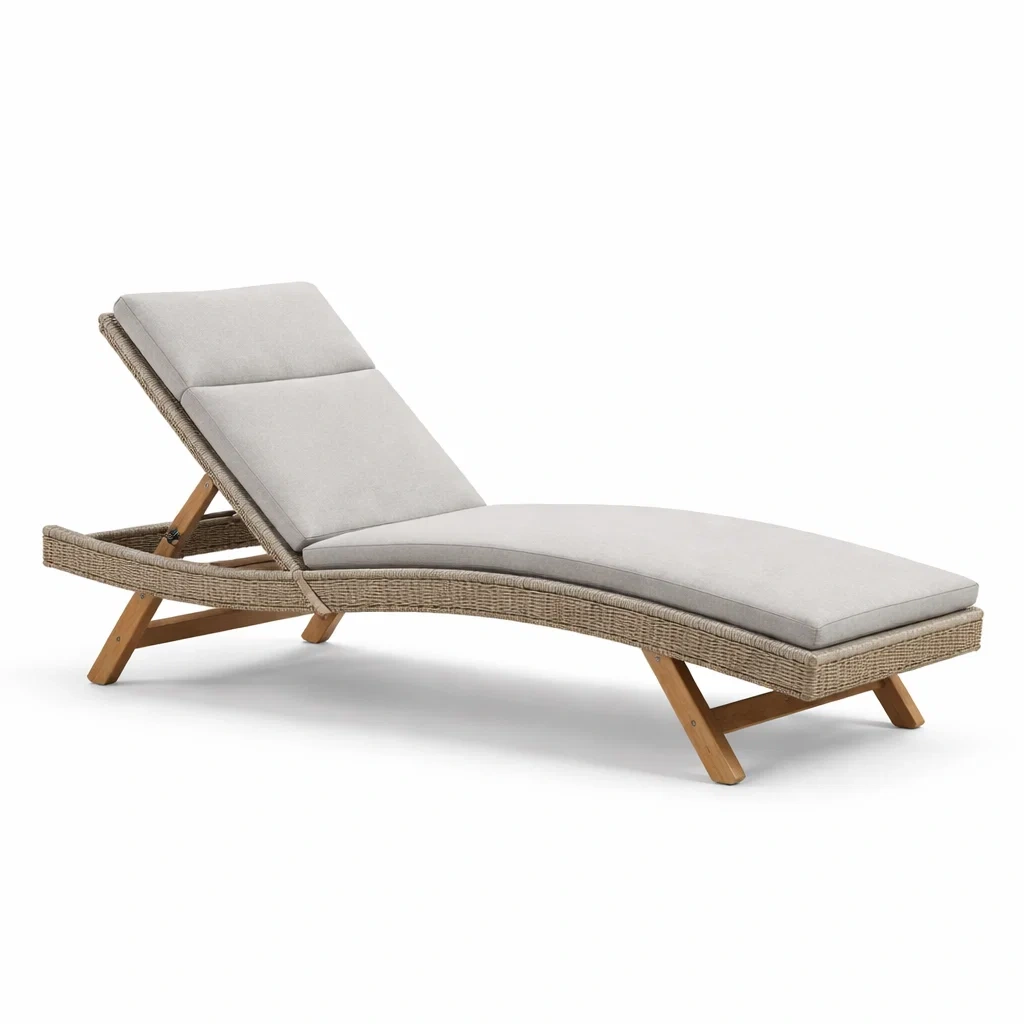 Chaise longue extérieure en bois et rotin synthétique beige-PLUSHSEATS