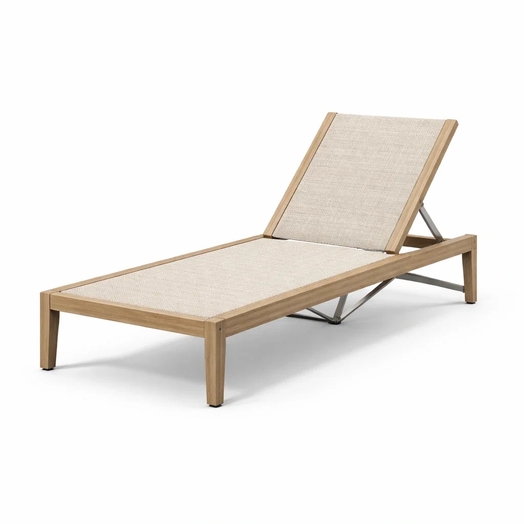 Chaise longue extérieure en teck et polyester beige-PLUSHSEATS