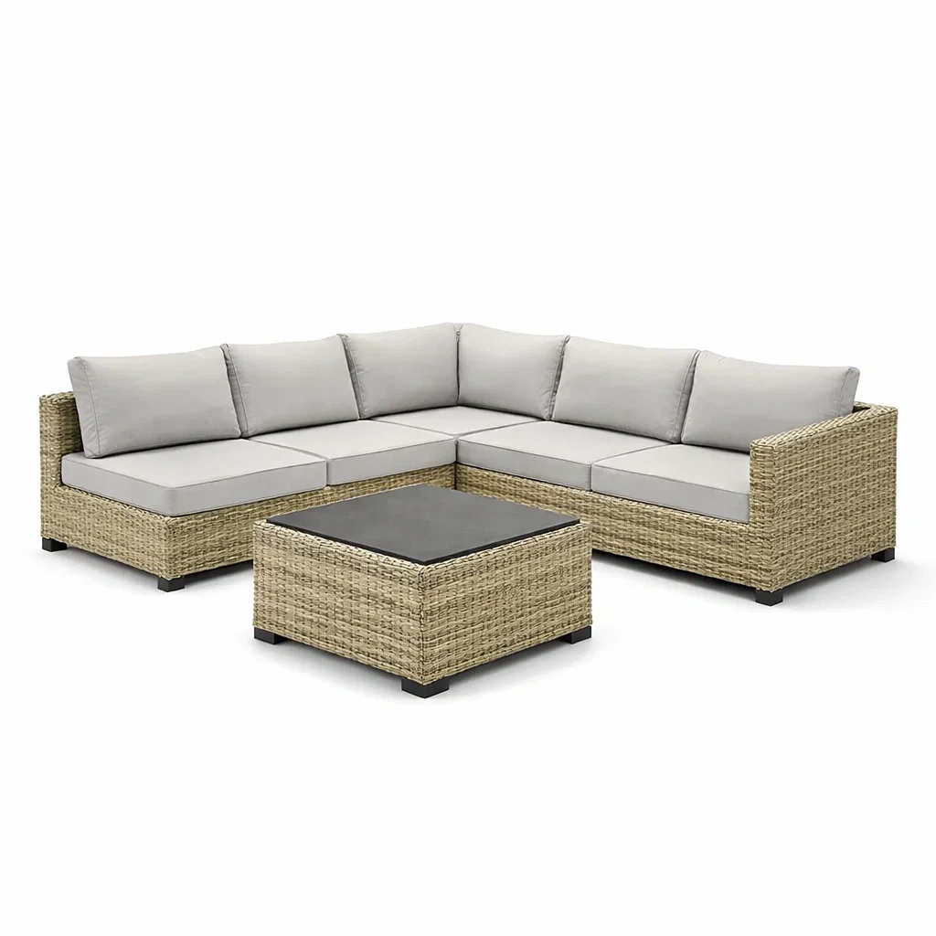 Ensemble de canapés d'angle en résine tressée beige et coussins en polyester gris avec table basse-PLUSHSEATS