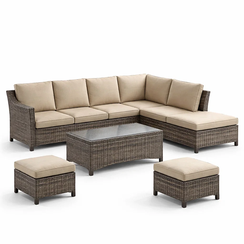 Ensemble de canapés d'angle en rotin synthétique avec coussins et table en verre-PLUSHSEATS