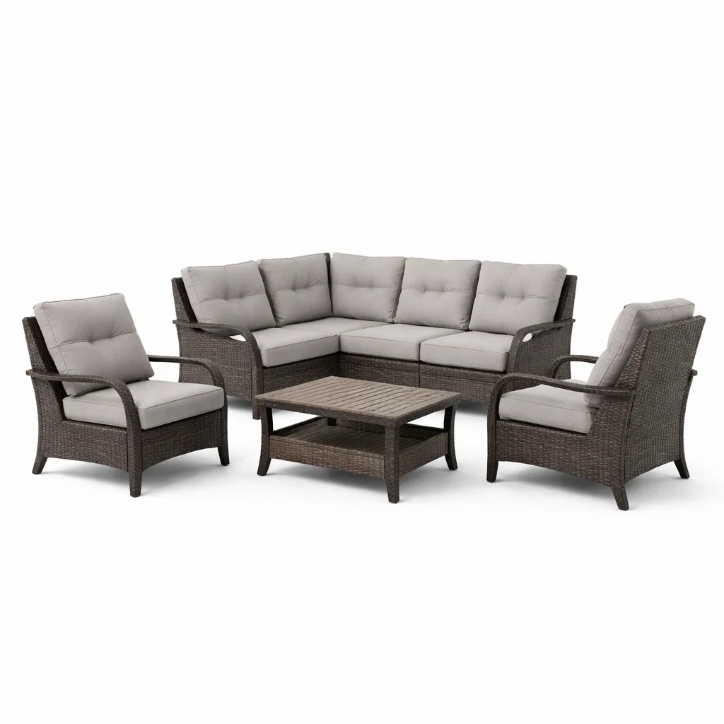 Ensemble de canapés de mobilier d'extérieur en résine tressée avec coussins gris-PLUSHSEATS