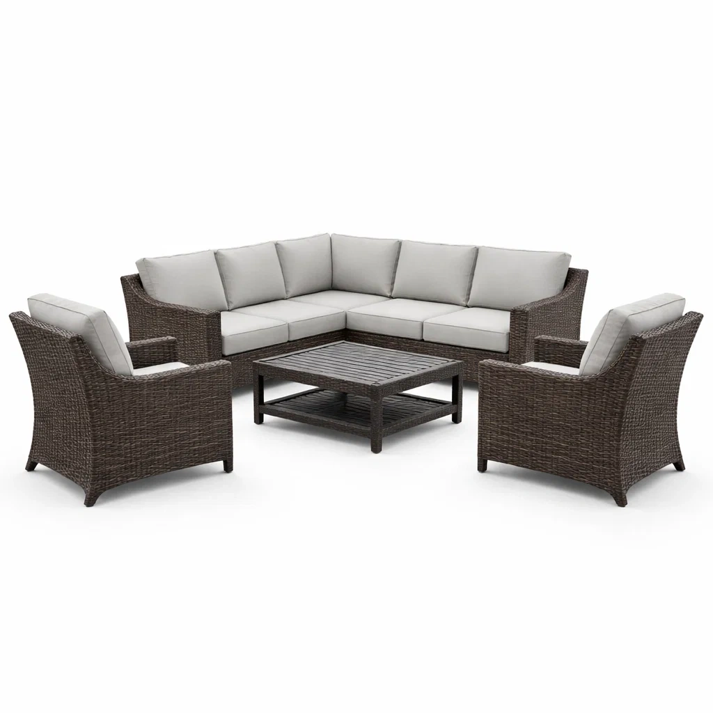 Ensemble de canapés de salon de jardin en rotin marron avec coussins gris-PLUSHSEATS