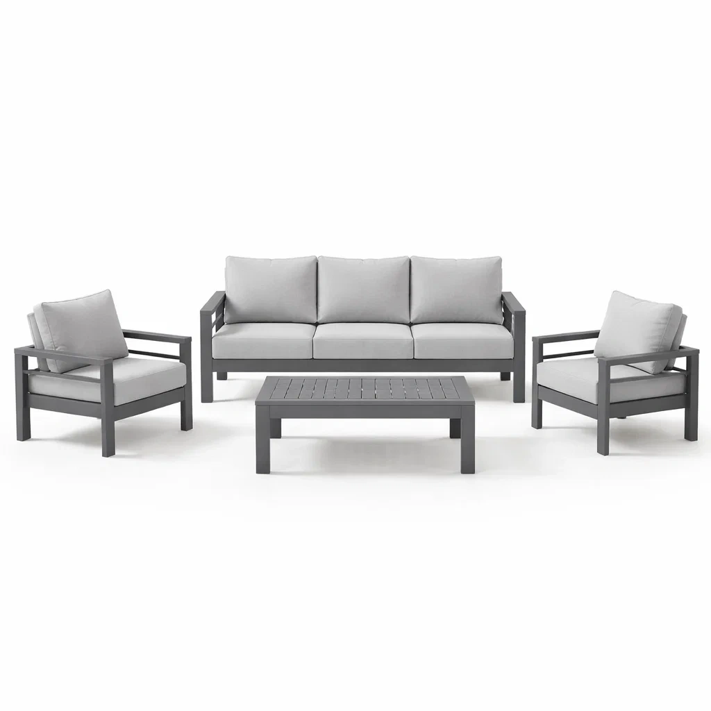 Ensemble de canapés de meubles d'extérieur en aluminium avec coussins en polyester gris-PLUSHSEATS