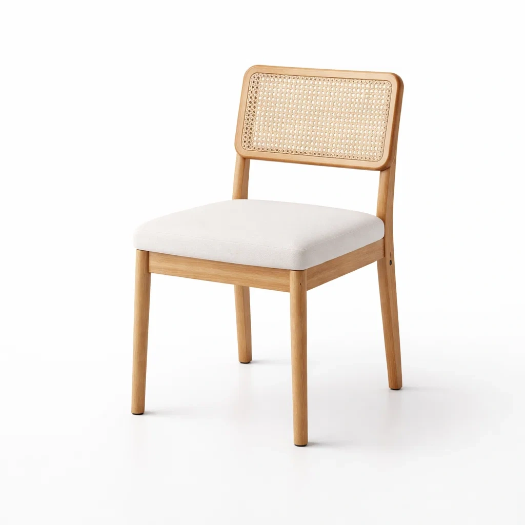 Chaise à manger en bois de chêne avec dossier en rotin et assise en tissu blanc-PLUSHSEATS
