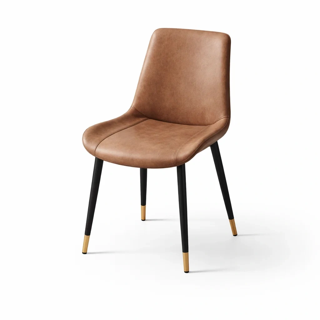 Chaise à manger en similicuir marron avec pieds métalliques noirs et embouts dorés-PLUSHSEATS