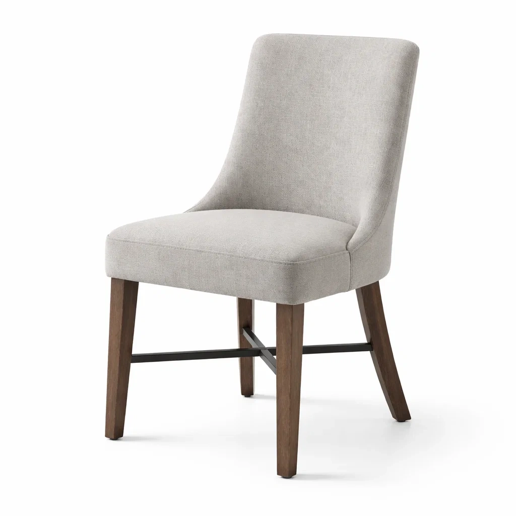 Chaise à manger en tissu polyester beige avec pieds en bois massif-PLUSHSEATS