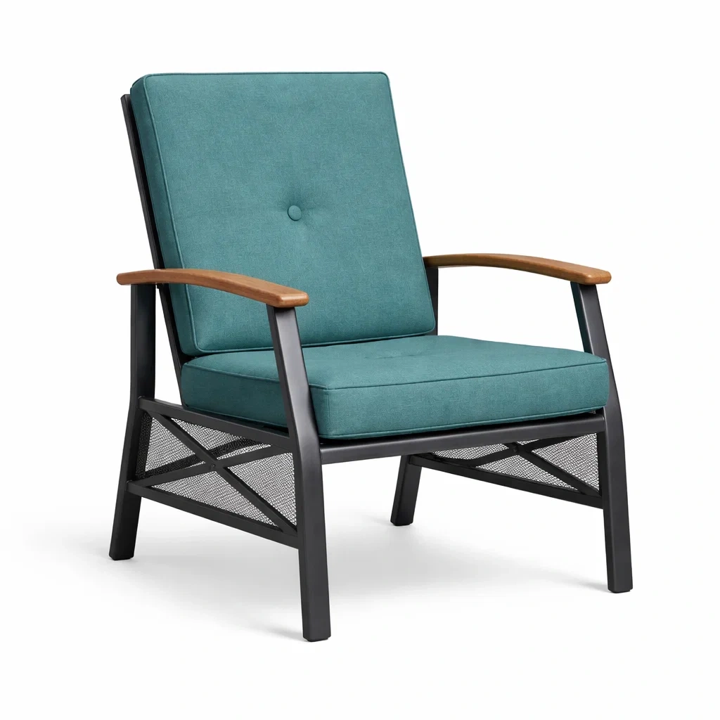 Fauteuil de détente cadre en acier avec coussins en polyester et accoudoirs en bois 80x70x85 cm-PLUSHSEATS