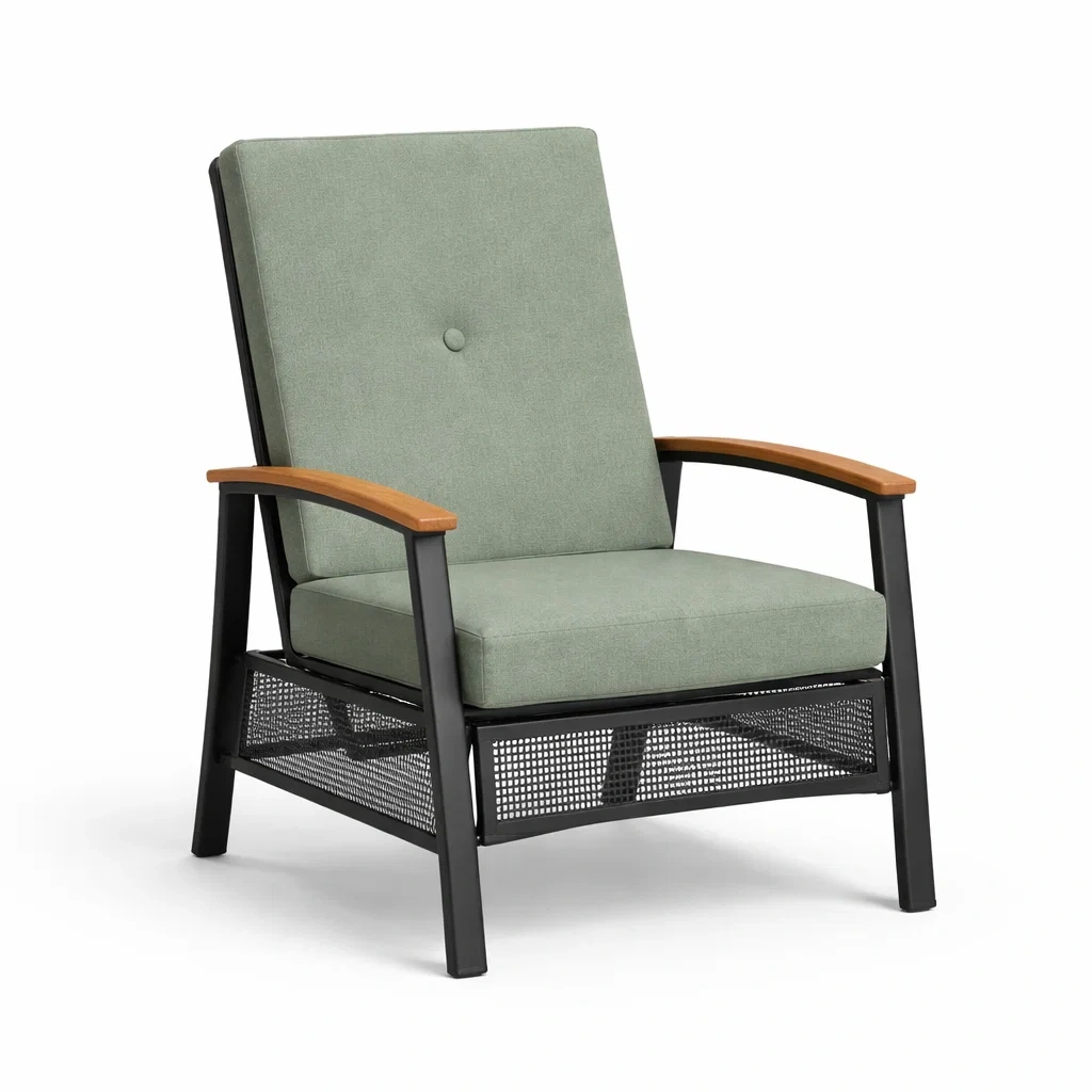 Fauteuil de détente en métal noir et bois avec coussin vert en polyester-PLUSHSEATS