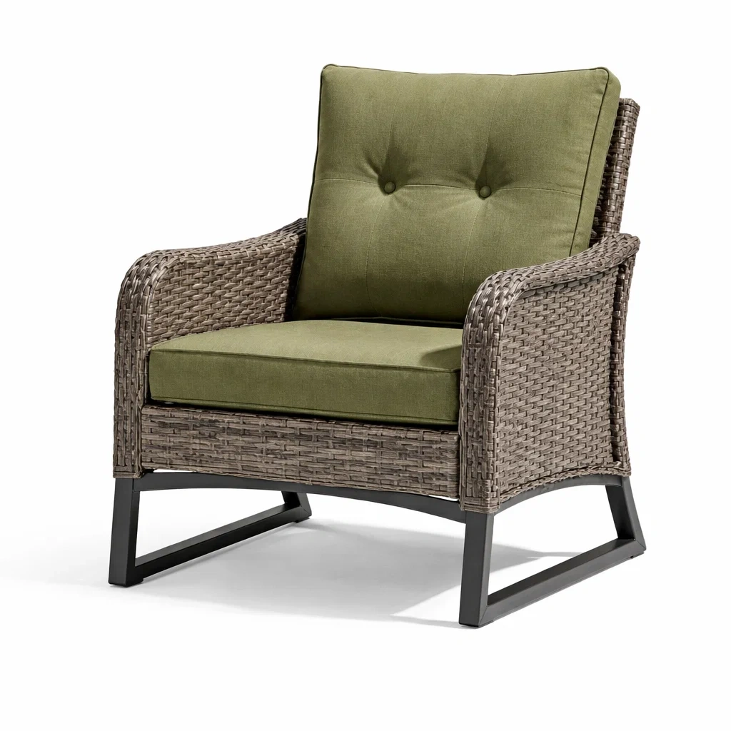 Fauteuil de détente de jardin en polyrotin avec coussins verts-PLUSHSEATS