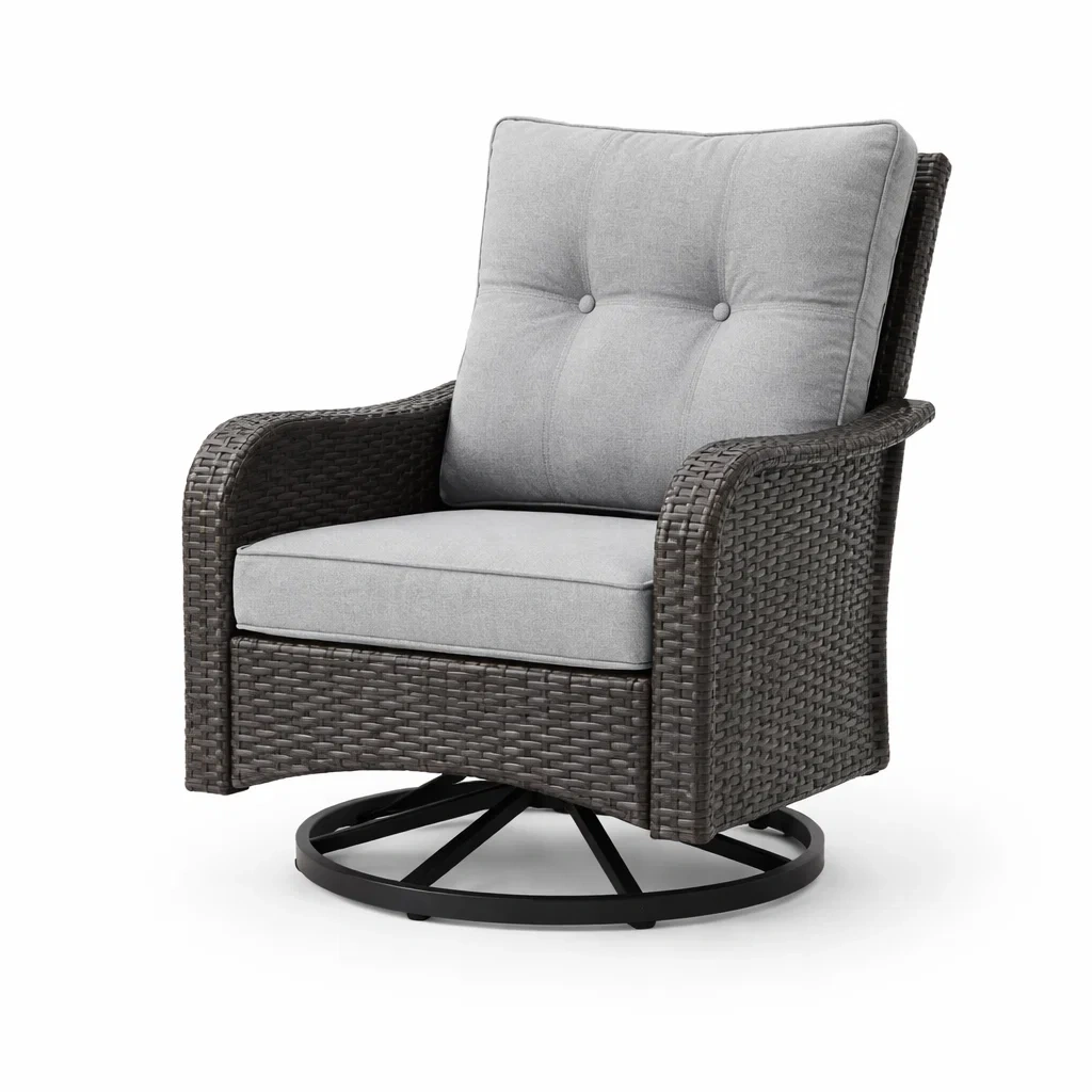 Fauteuil de détente pivotant en résine tressée avec coussins en polyester-PLUSHSEATS