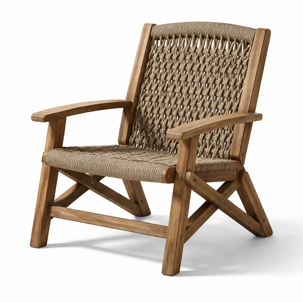 Fauteuil de détente en teck et corde tressée-PLUSHSEATS