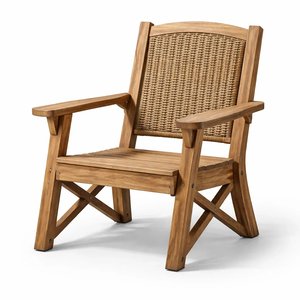 Fauteuil de détente en teck avec dossier en rotin pour extérieur-PLUSHSEATS