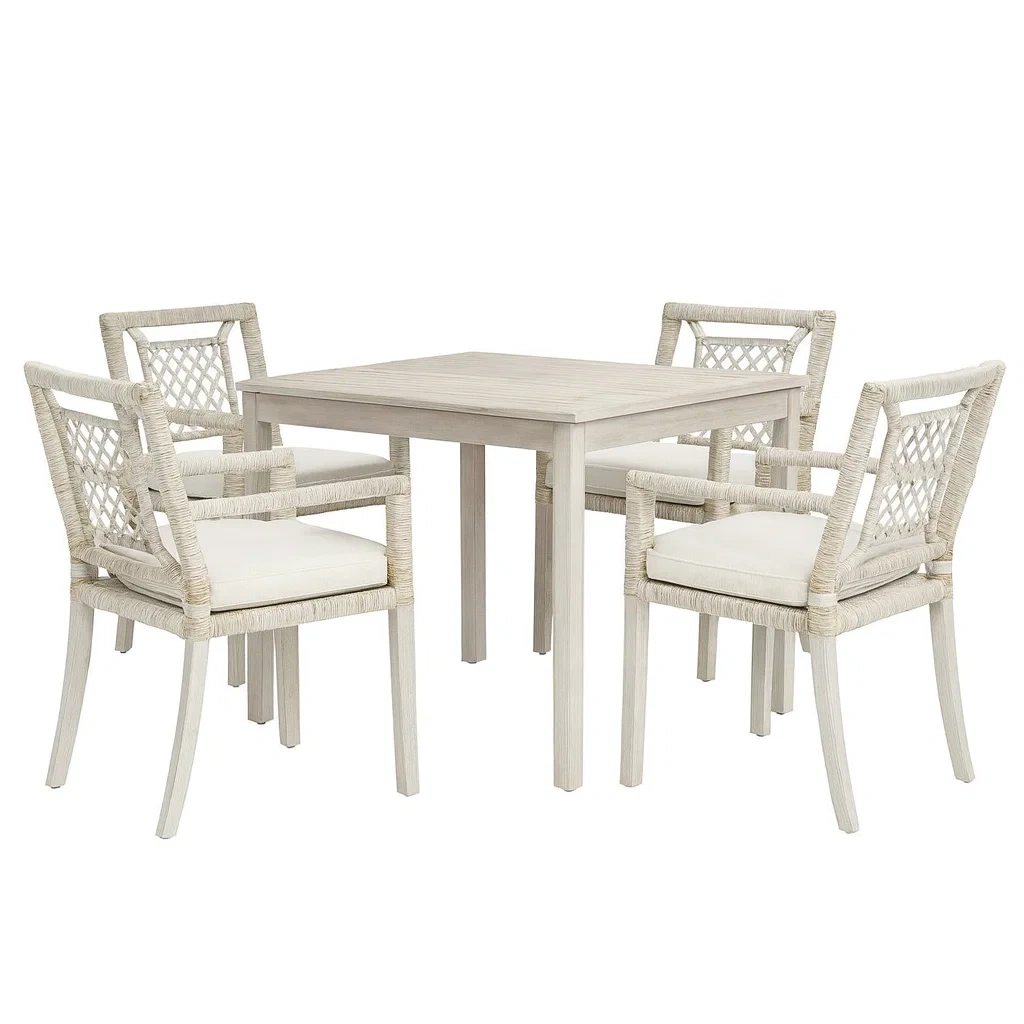 Ensemble table à manger et chaise carrée en bois avec quatre chaises rembourrées en corde tissée-PLUSHSEATS