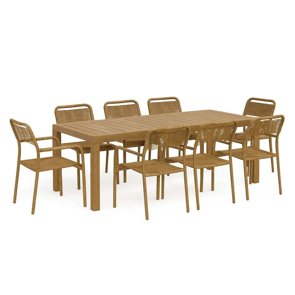 Ensemble table à manger et chaise neuf pièces en bois et corde-PLUSHSEATS