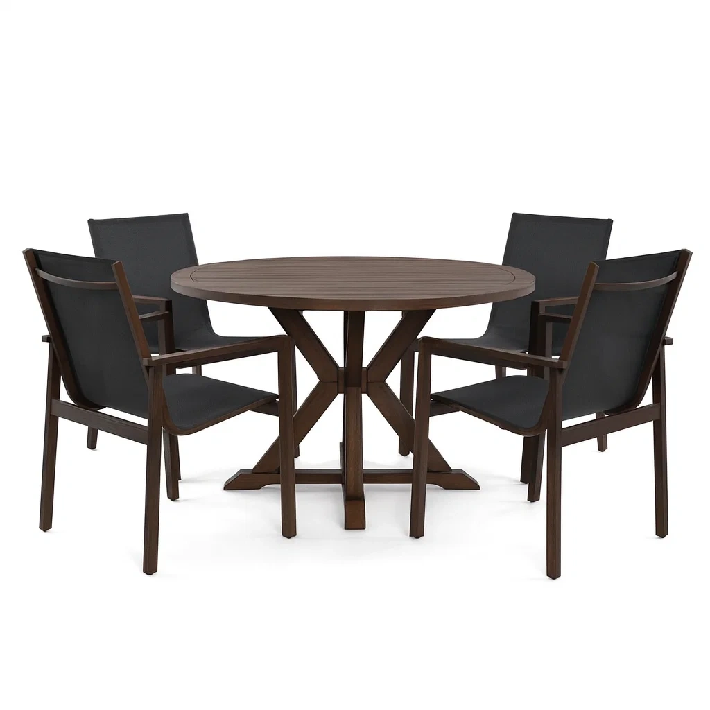 Ensemble table à manger et chaise ronde en bois composite avec quatre chaises en aluminium marron foncé et noir-PLUSHSEATS