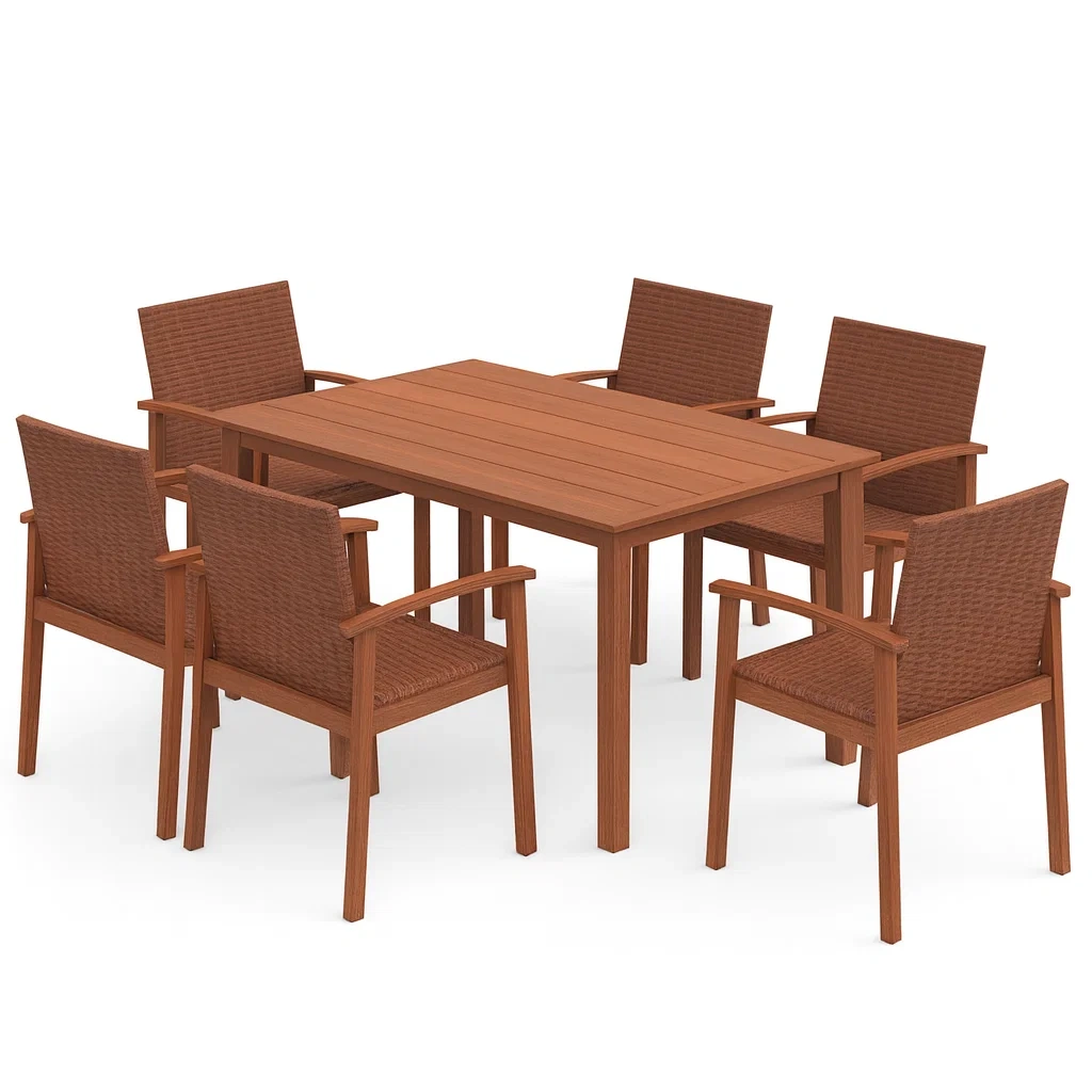 Ensemble table à manger et chaise sept pièces en bois et osier synthétique marron-PLUSHSEATS