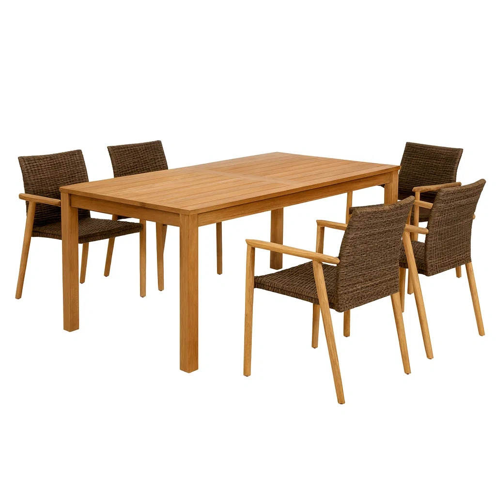 Ensemble table à manger et chaise en bois de teck et résine tressée-PLUSHSEATS