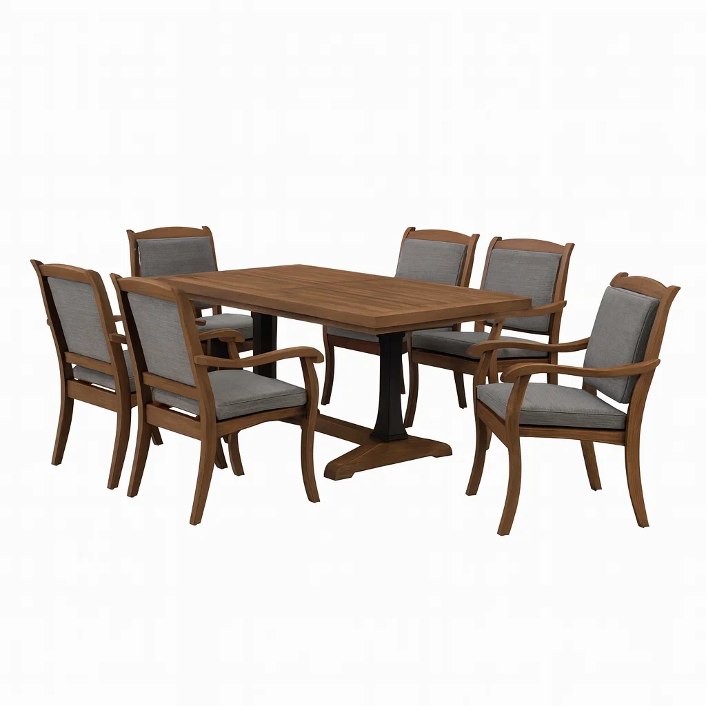 Ensemble table à manger et chaise en bois et tissu gris avec table et six chaises-PLUSHSEATS