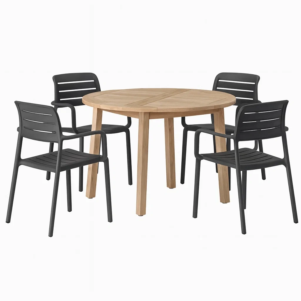 Ensemble table à manger et chaise ronde en bois avec quatre chaises en plastique noir-PLUSHSEATS
