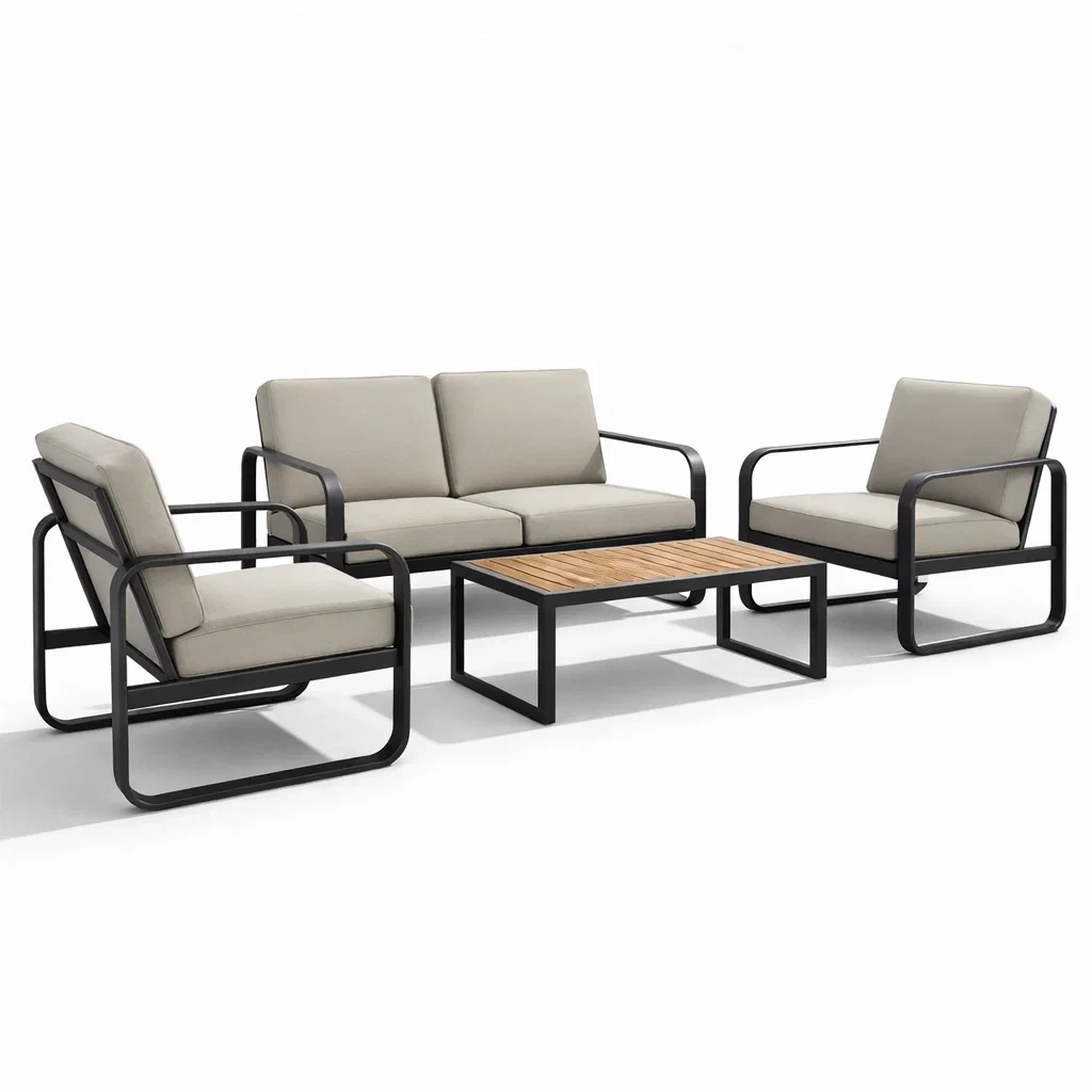 Ensemble de conversation en aluminium avec coussins beige-PURECUSHIONHOME